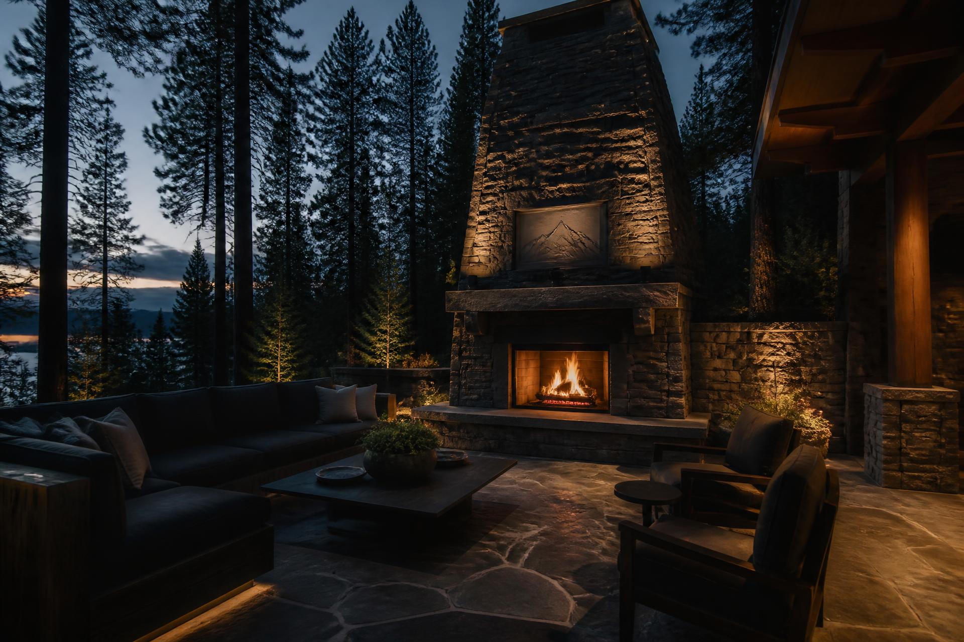 Stone fireplace on a covered patio at dusk surrounded by pines